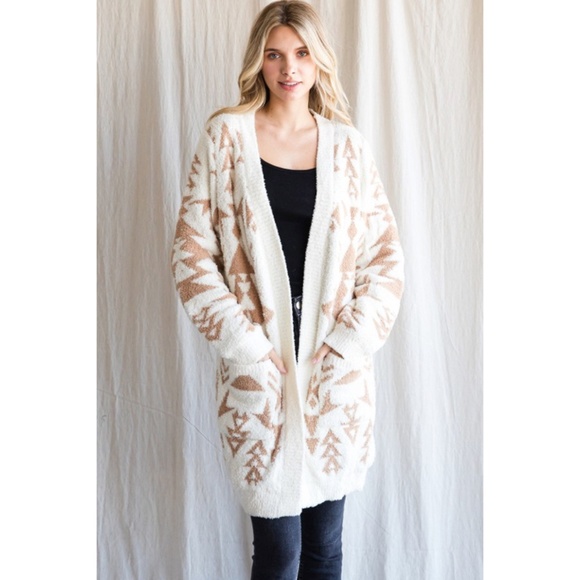 SOLD OUT Cream Aztec Western Boho Soft Blanket Print Fuzzy Long Cardigan Sweater - Picture 2 of 4